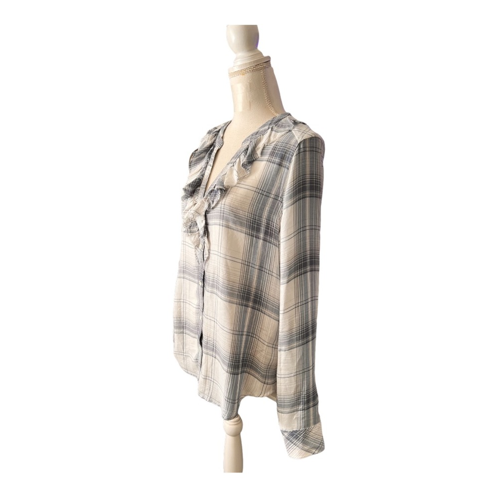 Paige Plaid Shirt Button Up  Distressed Ruffle Collar Festival Semi Sheer Size M - Picture 4 of 9